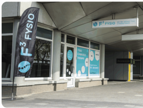 Entree van F3 Fysio Rotterdam Centrum aan de Boompjes, met vlaggen en gevelbestickering zichtbaar vanaf de straat.