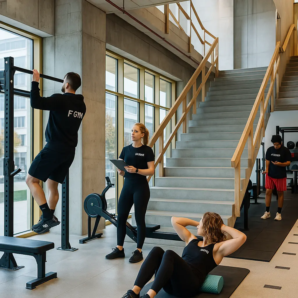 Mensen trainen bij F3 Gym in een ruime lichte sportschool. Een client trekt zich op aan een trekstang.